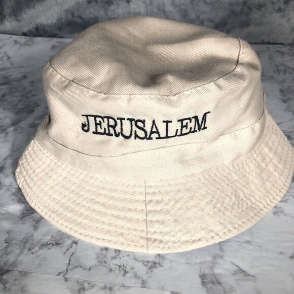 Unbranded Other - Jerusalem Embroidered Beige Bucket Hat With Back Zip & Inner Pocket
